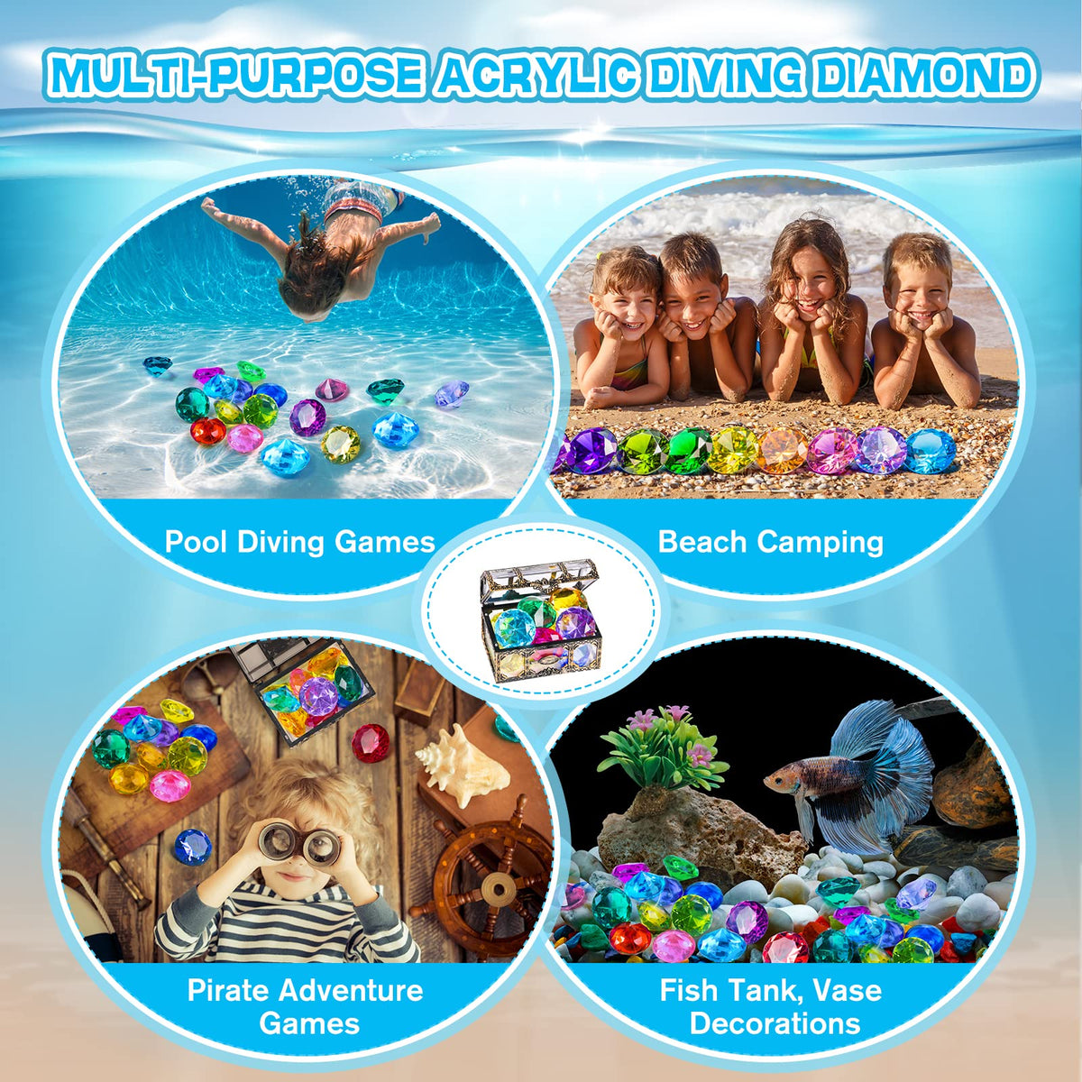 DISHIO Diving Gem Pool Toy – 10-piece Colorful Diamond Gems with Treasure Chest