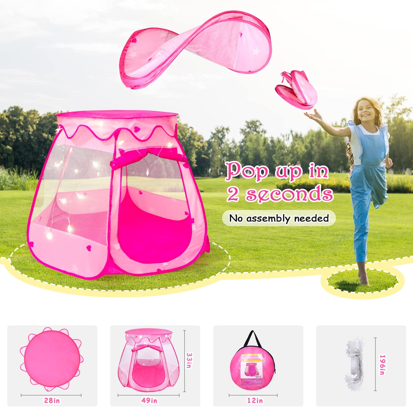 DISHIO Ball Pit with 50 Balls – Pop Up Princess Tent for Toddlers
