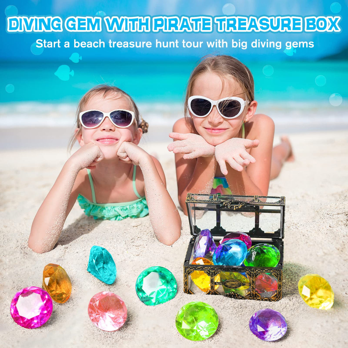 DISHIO Diving Gem Pool Toy – 10-piece Colorful Diamond Gems with Treasure Chest
