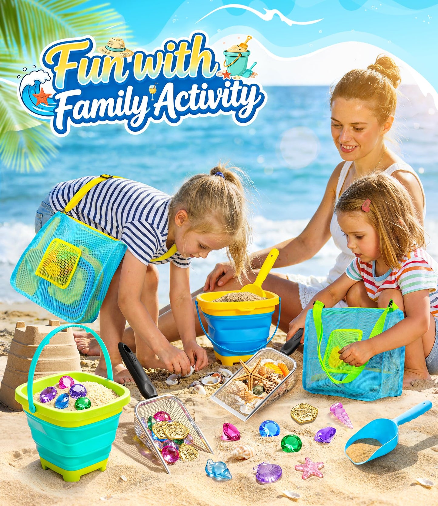 DISHIO Beach Toys 25-Piece Metal Sand Sifter & Collapsible Buckets Set – Outdoor Sand Toys for Kids (Ages 3-10)