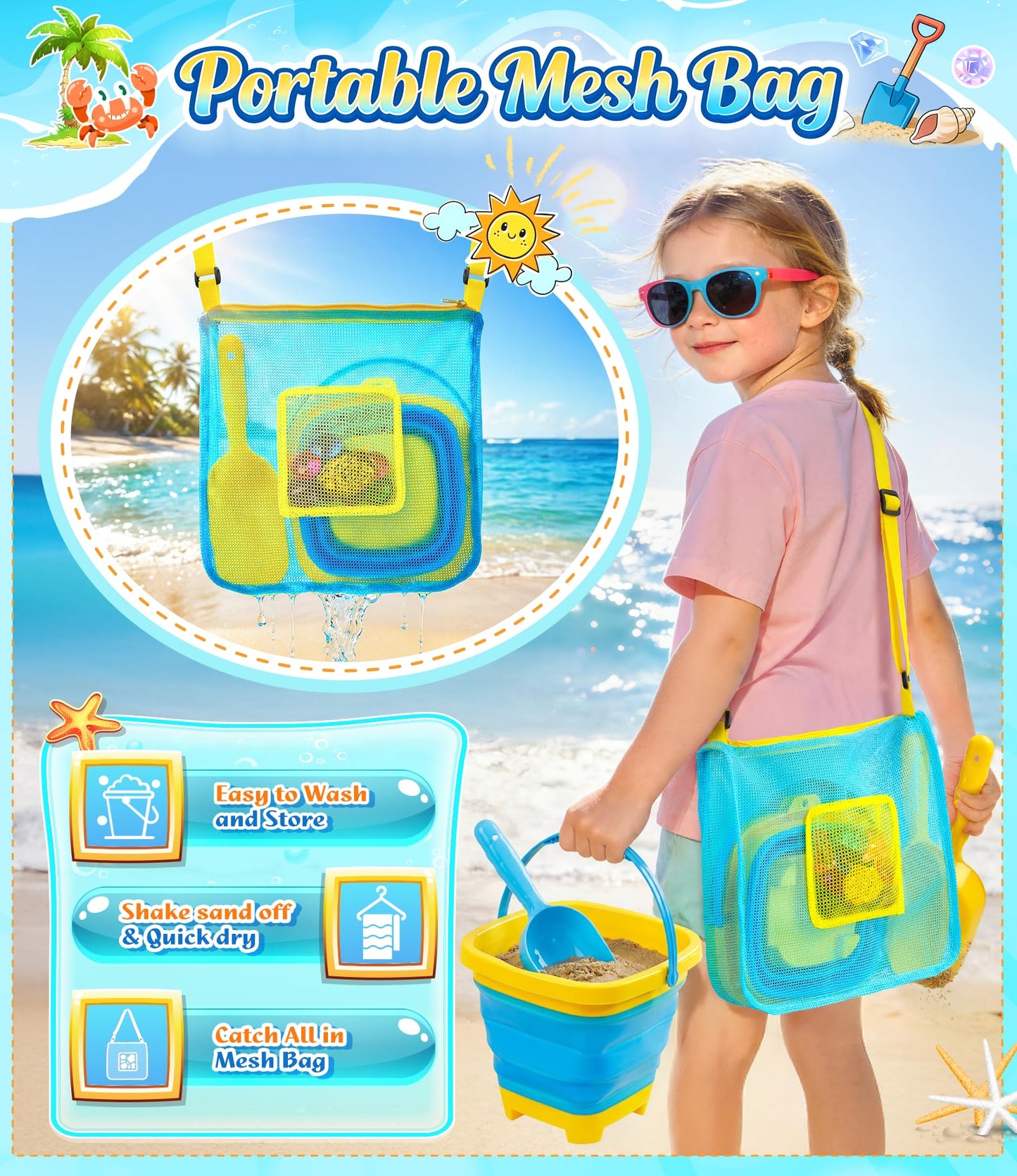 DISHIO Beach Toys 25-Piece Metal Sand Sifter & Collapsible Buckets Set – Outdoor Sand Toys for Kids (Ages 3-10)