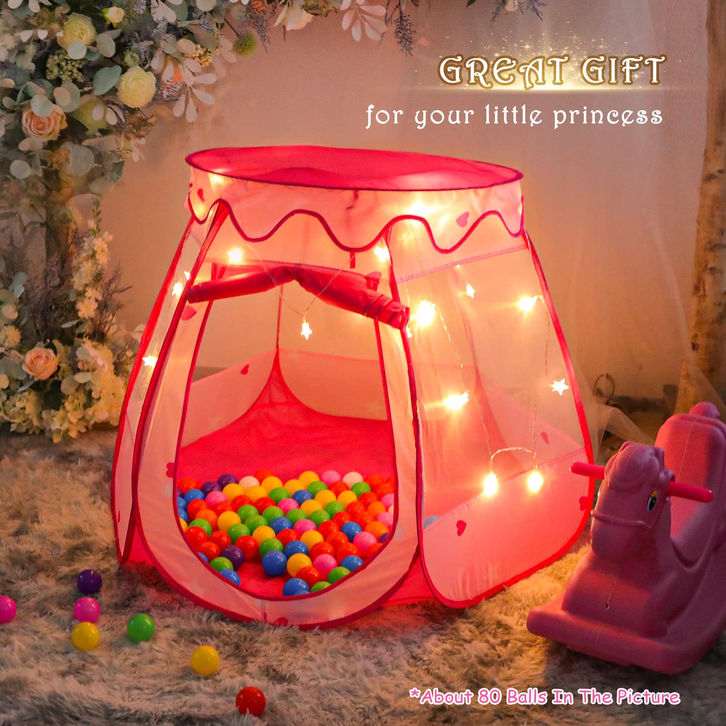 DISHIO Ball Pit with 50 Balls – Pop Up Princess Tent for Toddlers