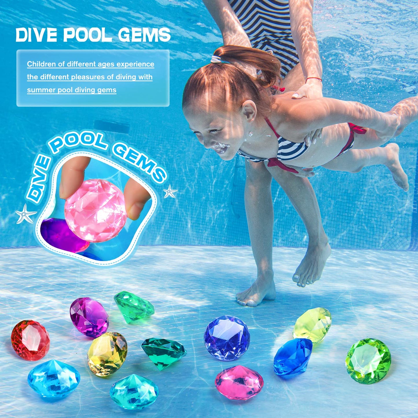 DISHIO Diving Gem Pool Toy – 10-piece Colorful Diamond Gems with Treasure Chest