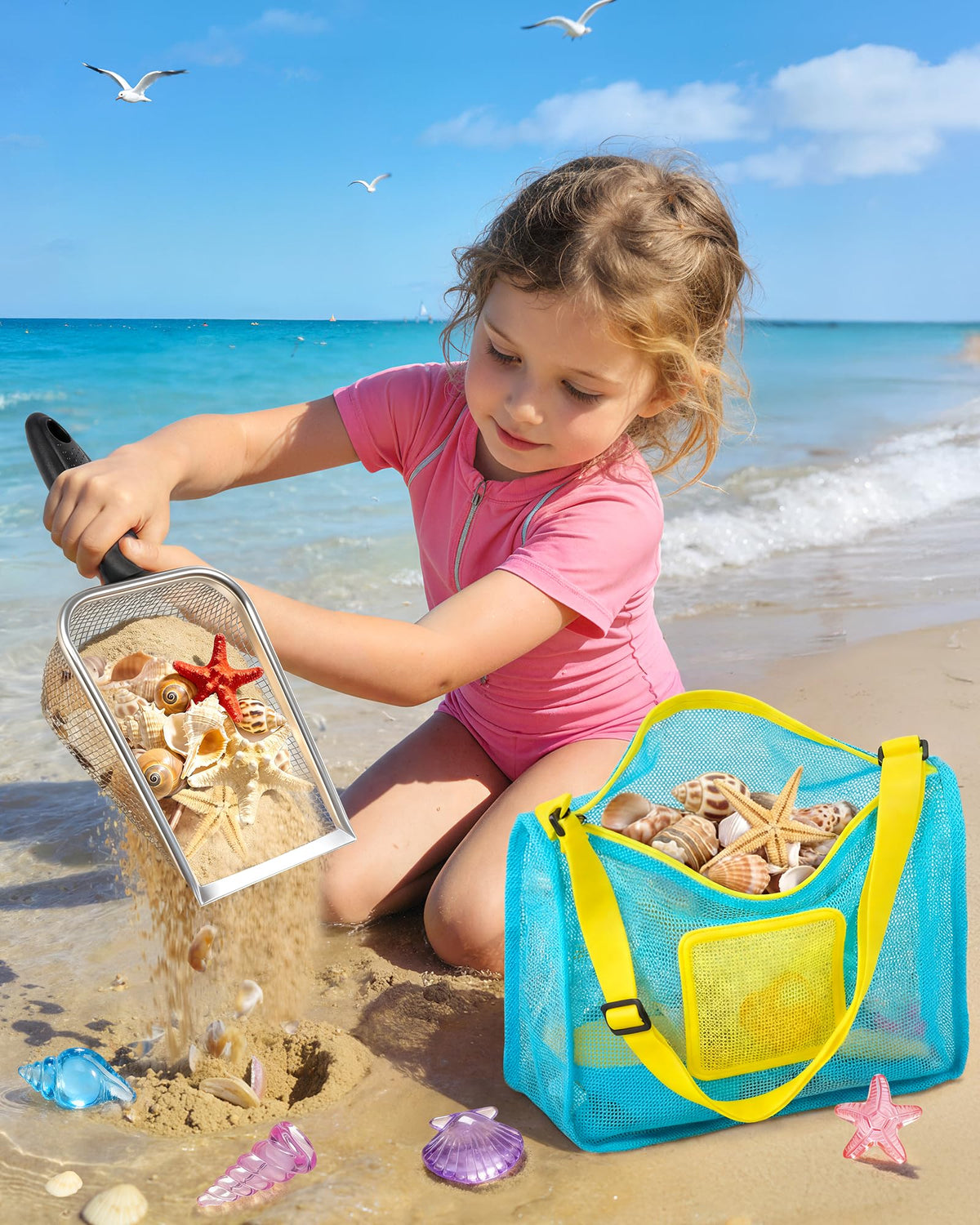DISHIO Beach Toys 25-Piece Metal Sand Sifter & Collapsible Buckets Set – Outdoor Sand Toys for Kids (Ages 3-10)