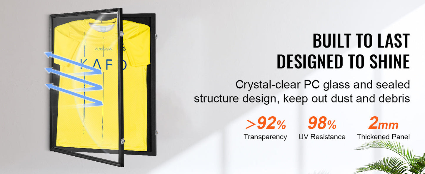 VEVOR Jersey Display / Sports Card Display Frame Case, Large Lockable Sport Shadow Box, 98% UV Protection PC Glass and Hangers