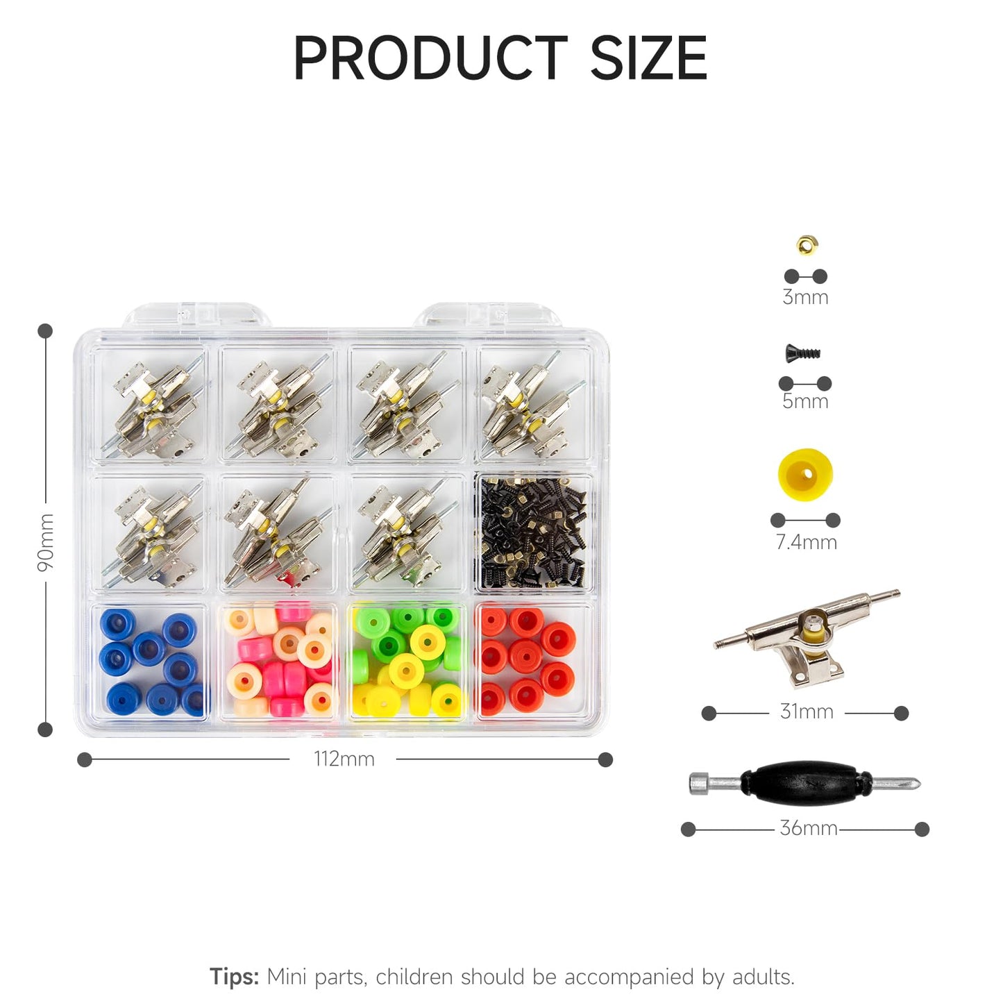 DisplayMore Fingerboard Repair Kit for 96mm Fingerboards – Box, Tools, 14 Brackets, 48 Wheels, 60 Screws, 30 Nuts, 4-Piece Screwdriver Set