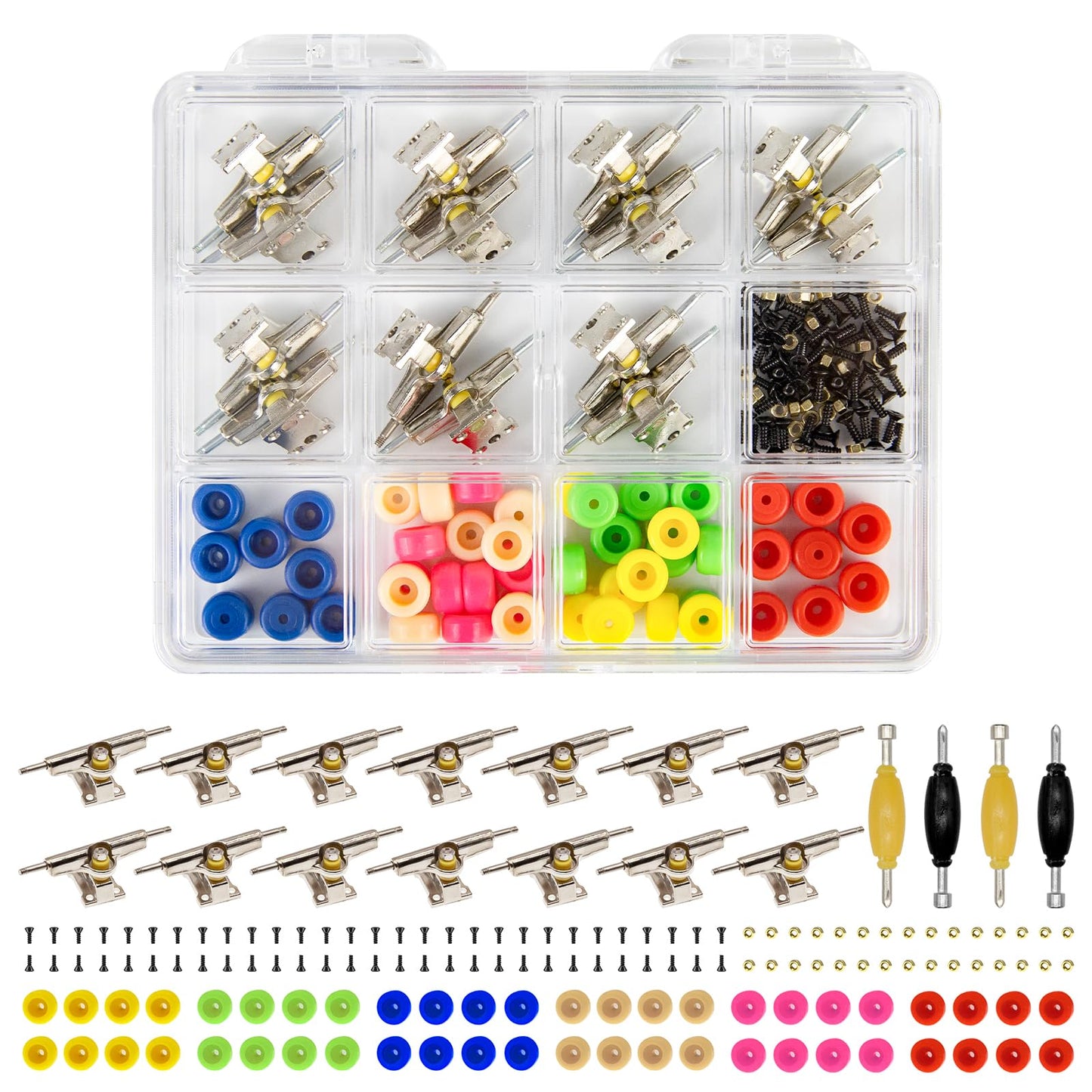 DisplayMore Fingerboard Repair Kit for 96mm Fingerboards – Box, Tools, 14 Brackets, 48 Wheels, 60 Screws, 30 Nuts, 4-Piece Screwdriver Set