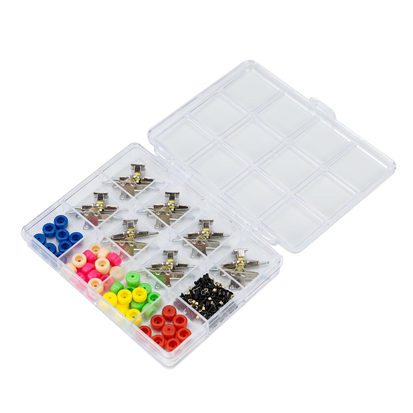 DisplayMore Fingerboard Repair Kit for 96mm Fingerboards – Box, Tools, 14 Brackets, 48 Wheels, 60 Screws, 30 Nuts, 4-Piece Screwdriver Set