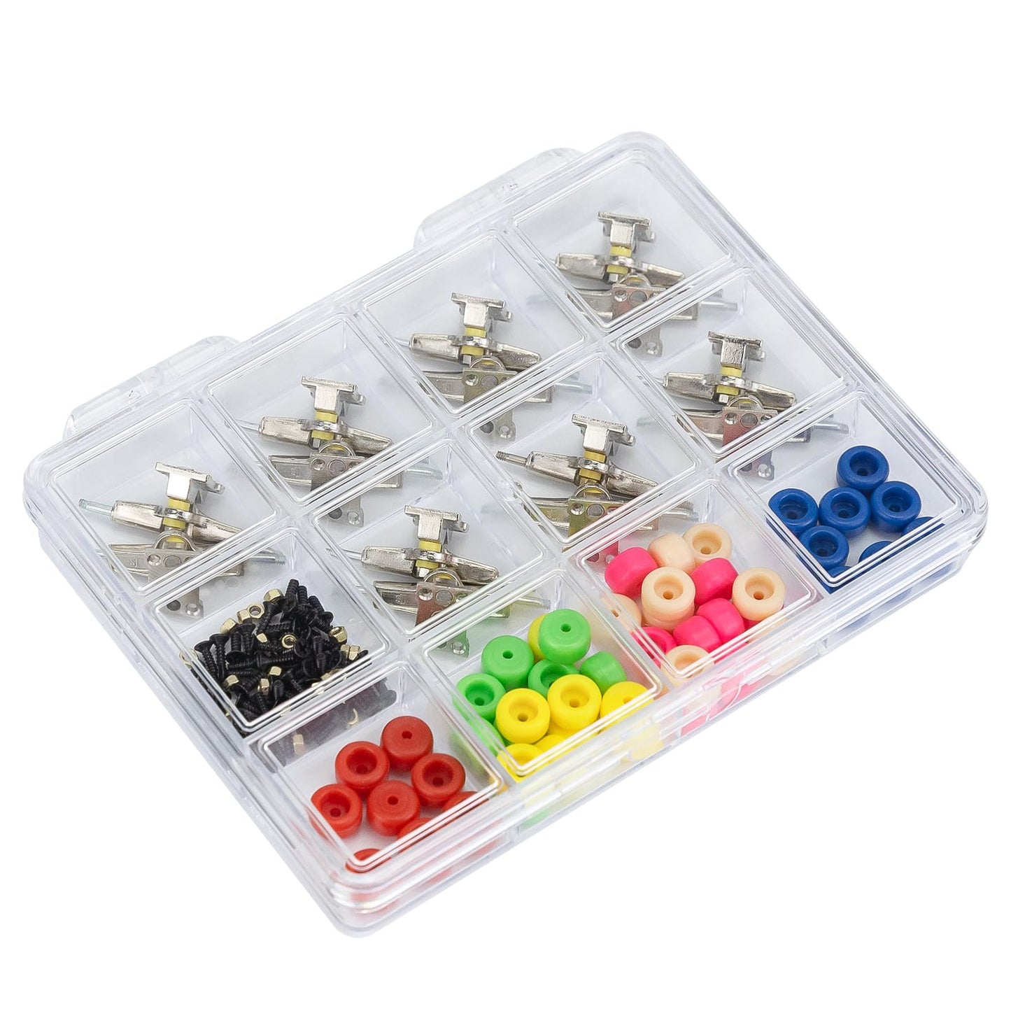 DisplayMore Fingerboard Repair Kit for 96mm Fingerboards – Box, Tools, 14 Brackets, 48 Wheels, 60 Screws, 30 Nuts, 4-Piece Screwdriver Set
