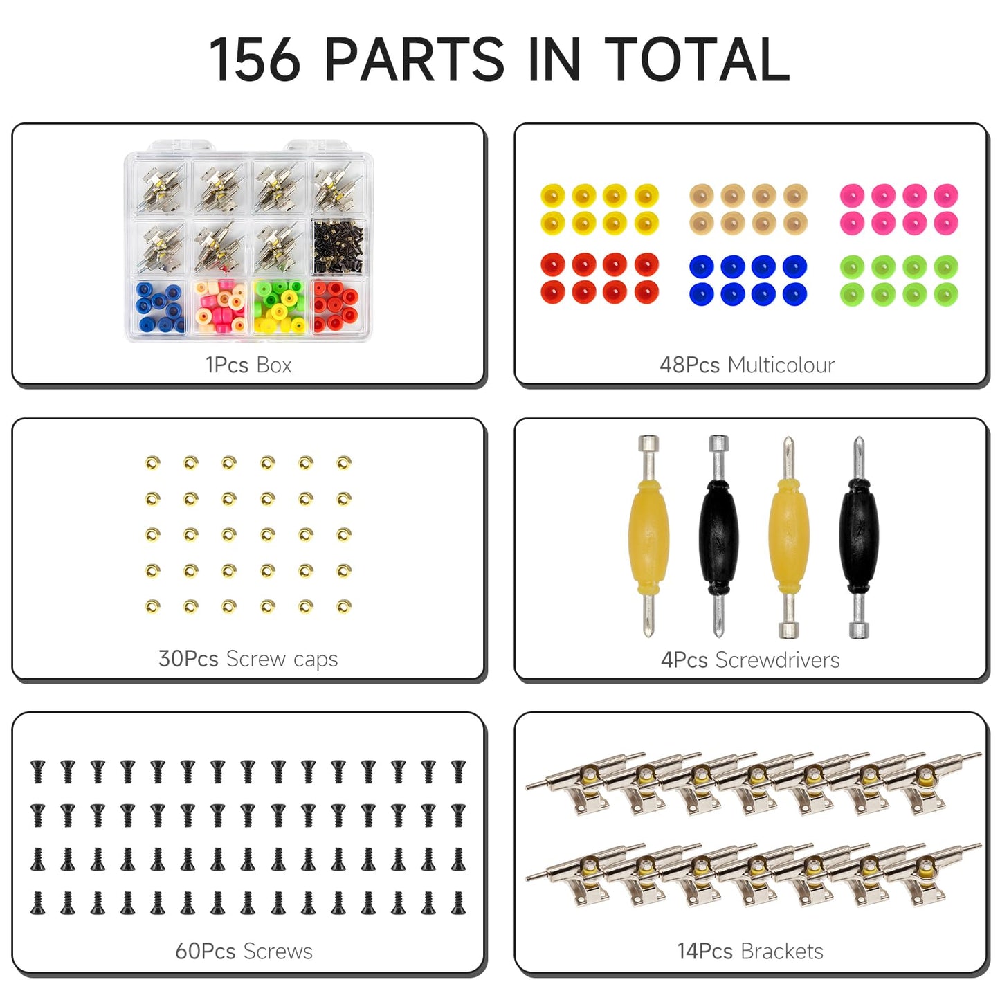 DisplayMore Fingerboard Repair Kit for 96mm Fingerboards – Box, Tools, 14 Brackets, 48 Wheels, 60 Screws, 30 Nuts, 4-Piece Screwdriver Set