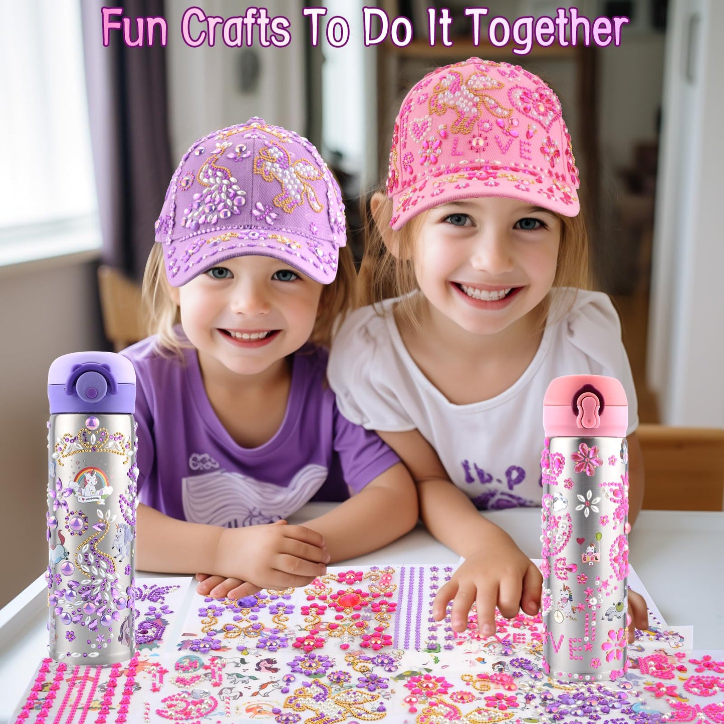 Distasio Unicorn Water Bottles for Girls 6-12 — Decorate Your Own Bottle Gift Set with Gems & Stickers