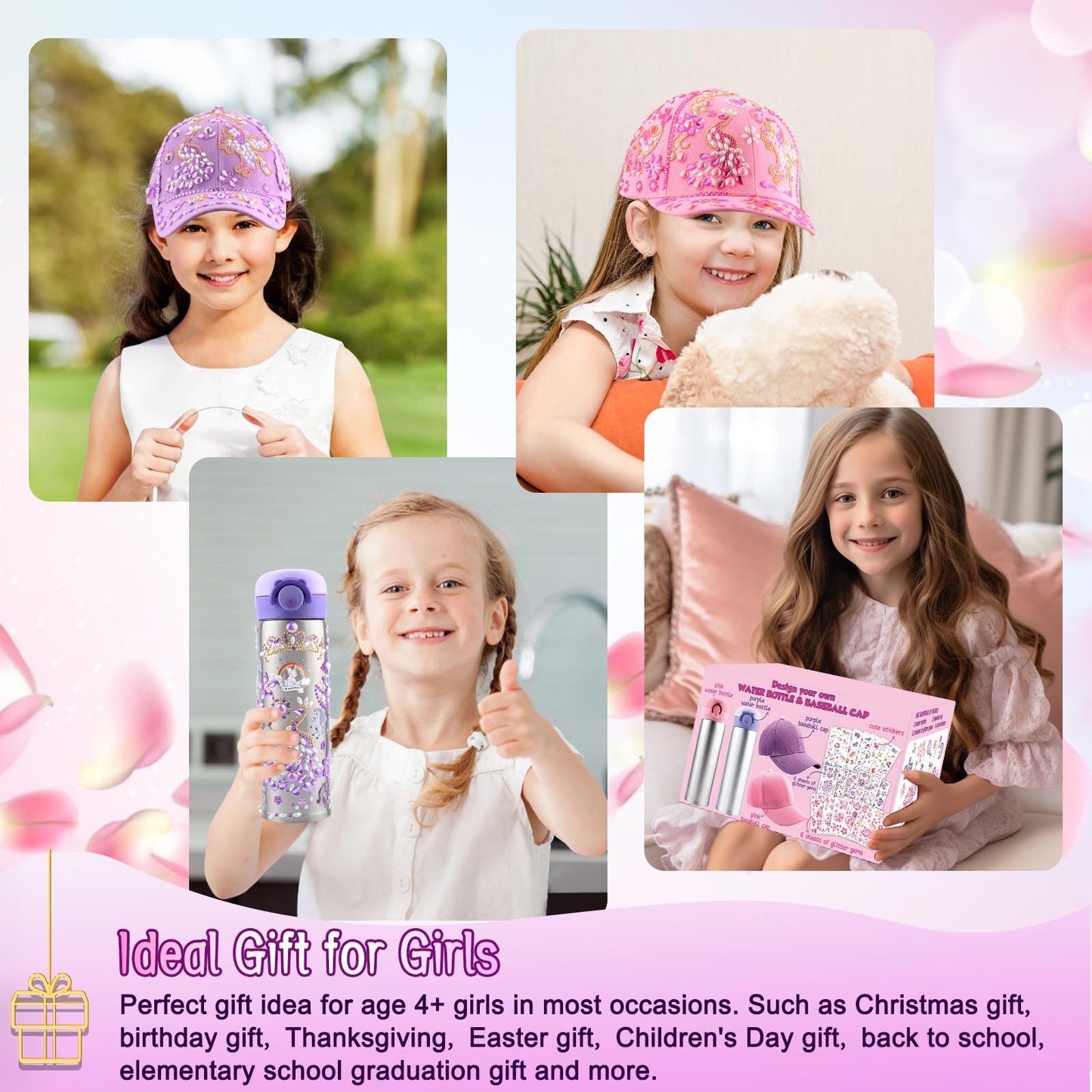 Distasio Unicorn Water Bottles for Girls 6-12 — Decorate Your Own Bottle Gift Set with Gems & Stickers