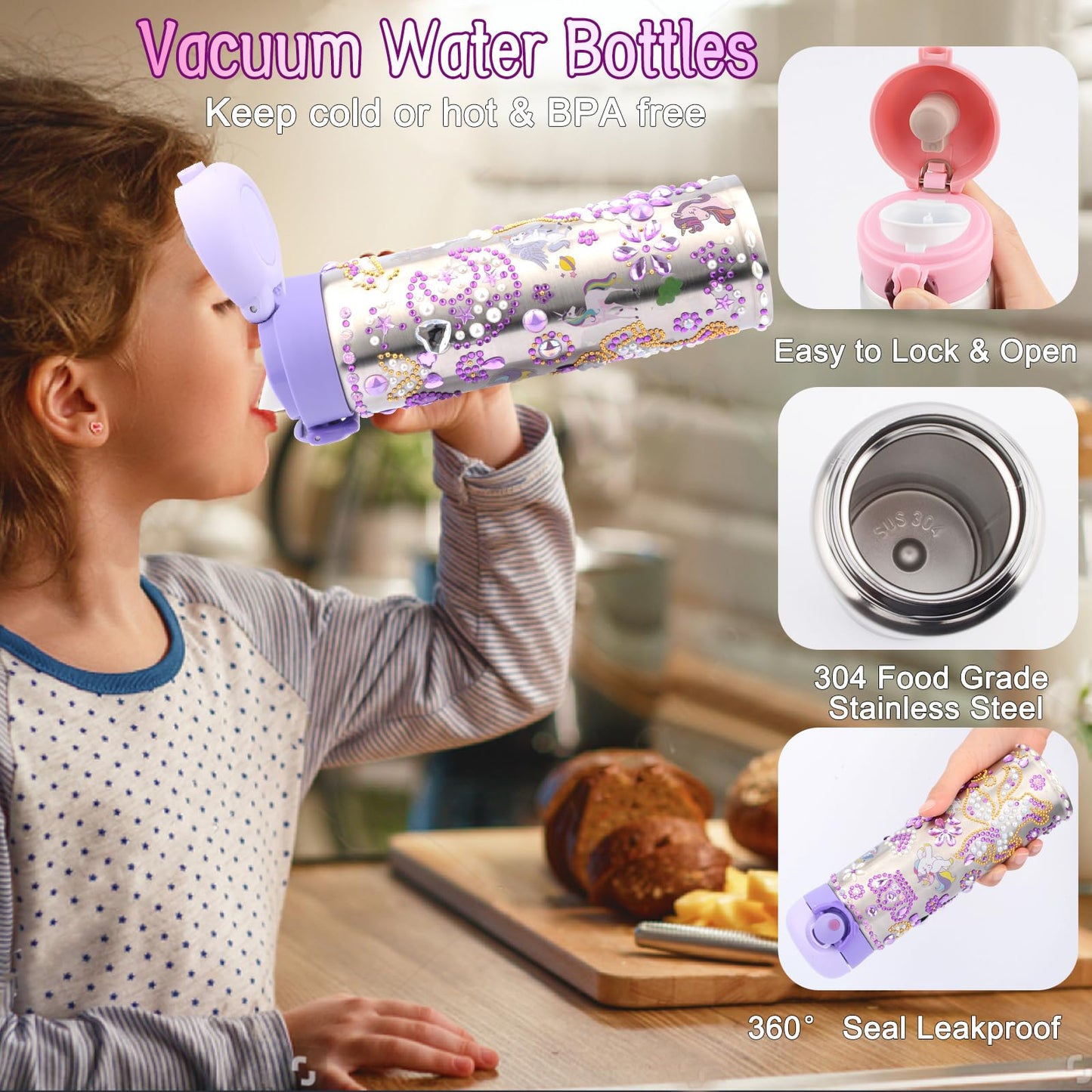 Distasio Unicorn Water Bottles for Girls 6-12 — Decorate Your Own Bottle Gift Set with Gems & Stickers