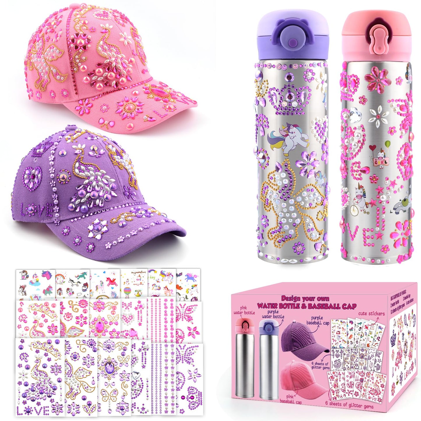 Distasio Unicorn Water Bottles for Girls 6-12 — Decorate Your Own Bottle Gift Set with Gems & Stickers