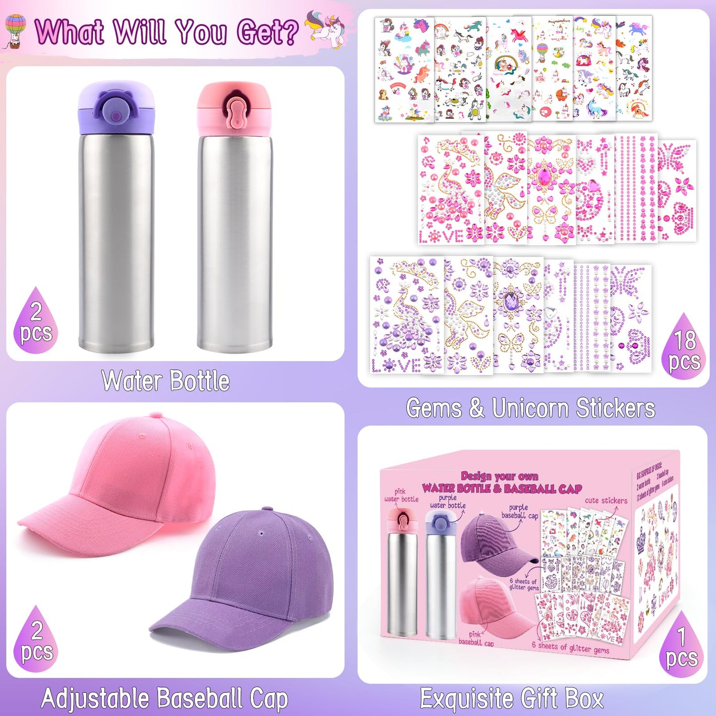 Distasio Unicorn Water Bottles for Girls 6-12 — Decorate Your Own Bottle Gift Set with Gems & Stickers