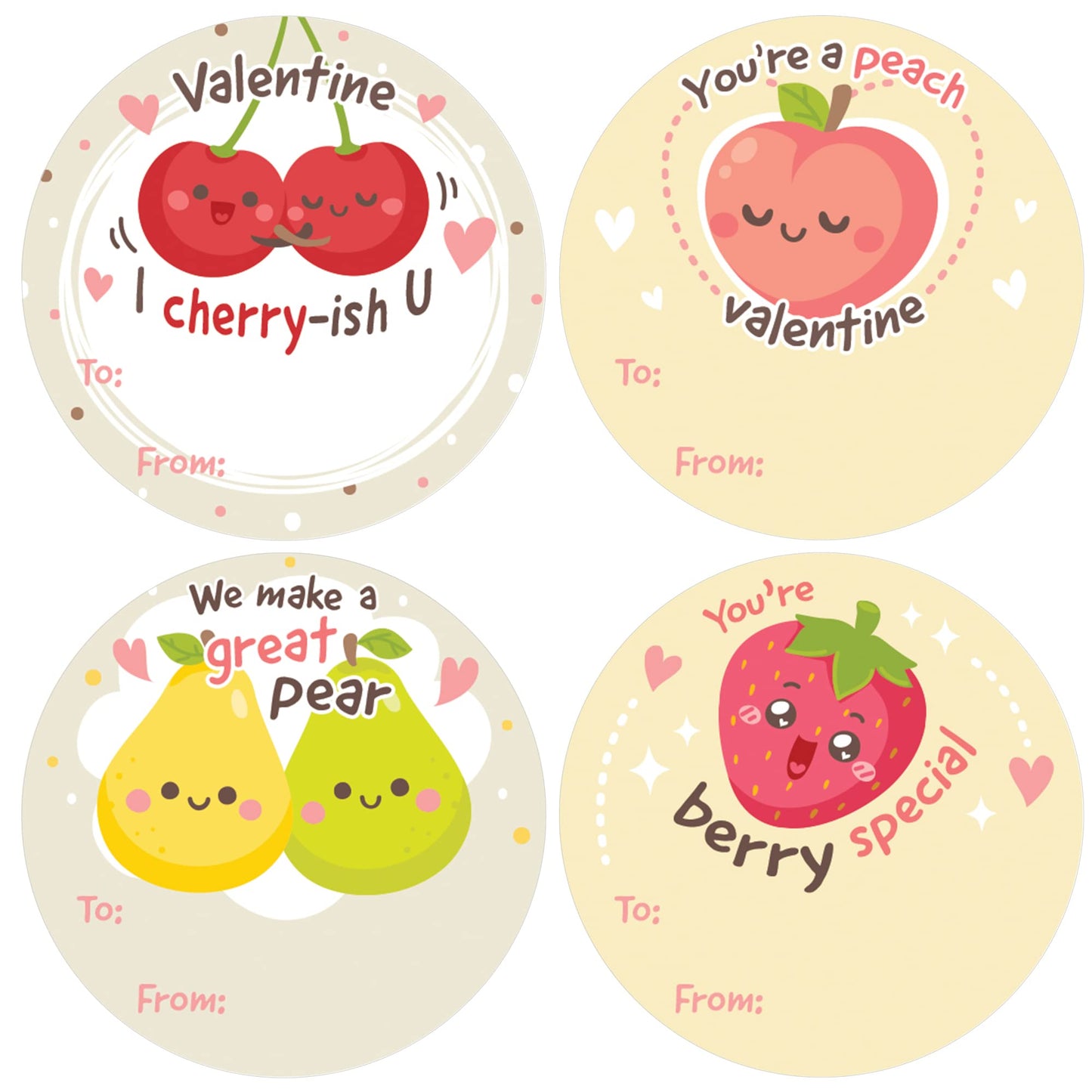 DISTINCTIVS Valentine Stickers for Kids - Fruit Pun Labels, to & from Classroom Valentines, 40 Count