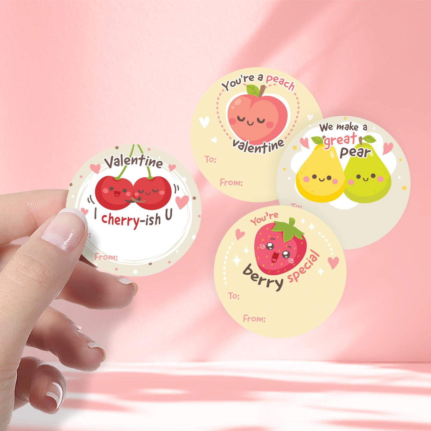 DISTINCTIVS Valentine Stickers for Kids - Fruit Pun Labels, to & from Classroom Valentines, 40 Count