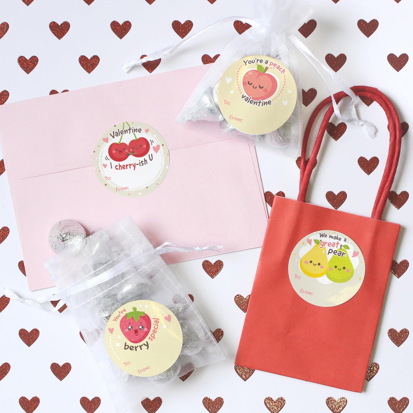 DISTINCTIVS Valentine Stickers for Kids - Fruit Pun Labels, to & from Classroom Valentines, 40 Count