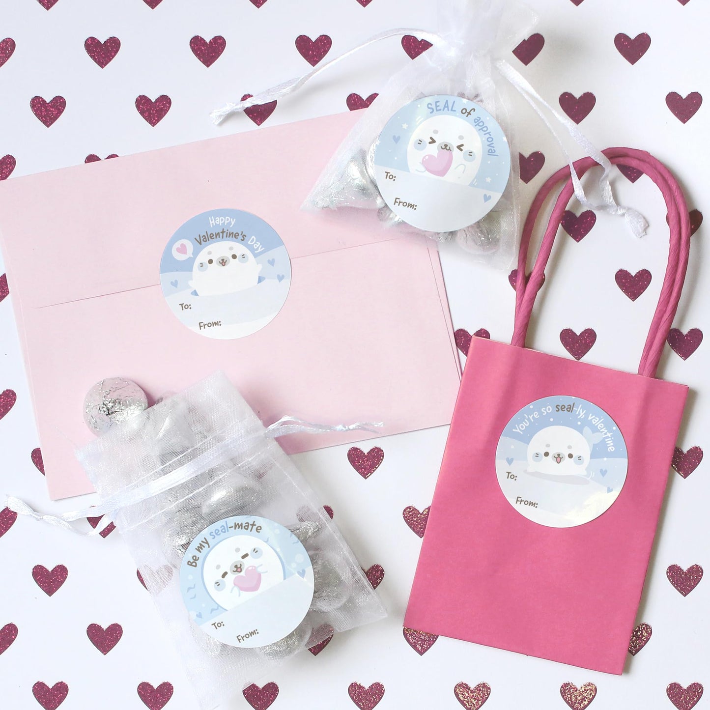 DISTINCTIVS Arctic Seal Pup Valentines – 40 Round Stickers for Kids
