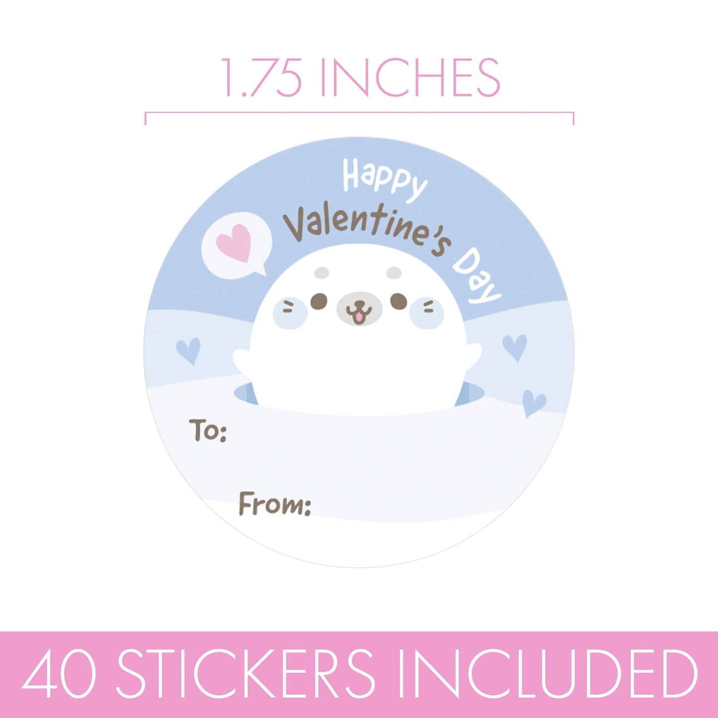 DISTINCTIVS Arctic Seal Pup Valentines – 40 Round Stickers for Kids