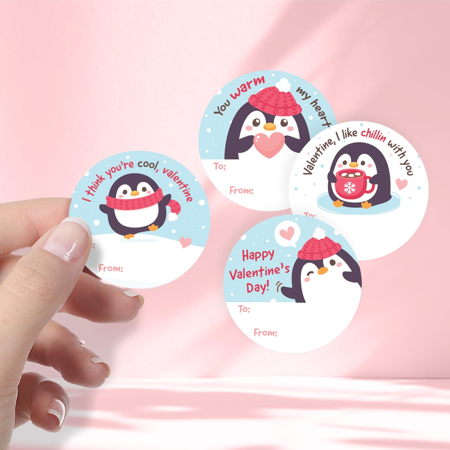 DISTINCTIVS Penguin Valentine Stickers – 40 Count, 1.75-Inch Round To/From Labels