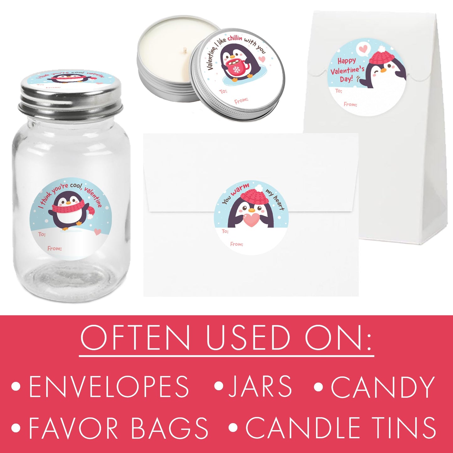 DISTINCTIVS Penguin Valentine Stickers – 40 Count, 1.75-Inch Round To/From Labels