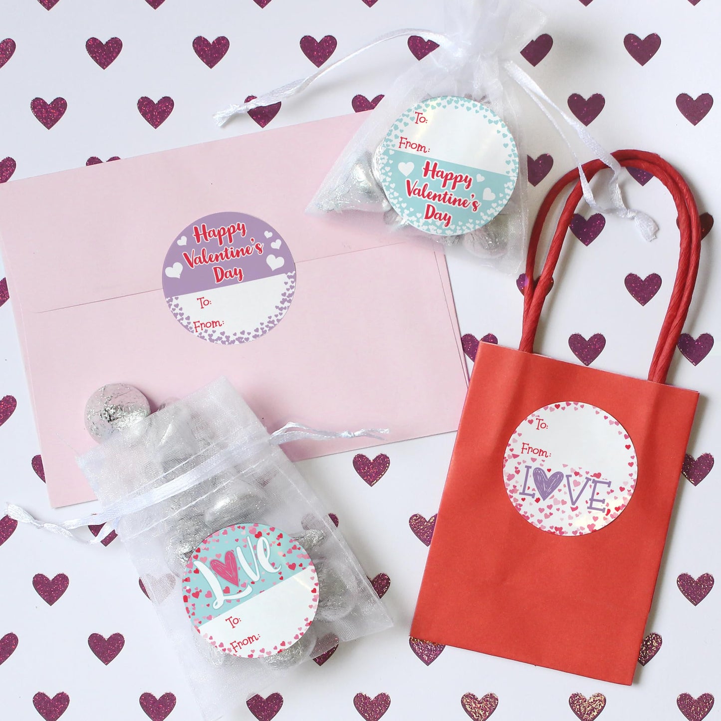 DISTINCTIVS Valentine Stickers for Kids – 40-Count Pink Teal Purple Heart To & From