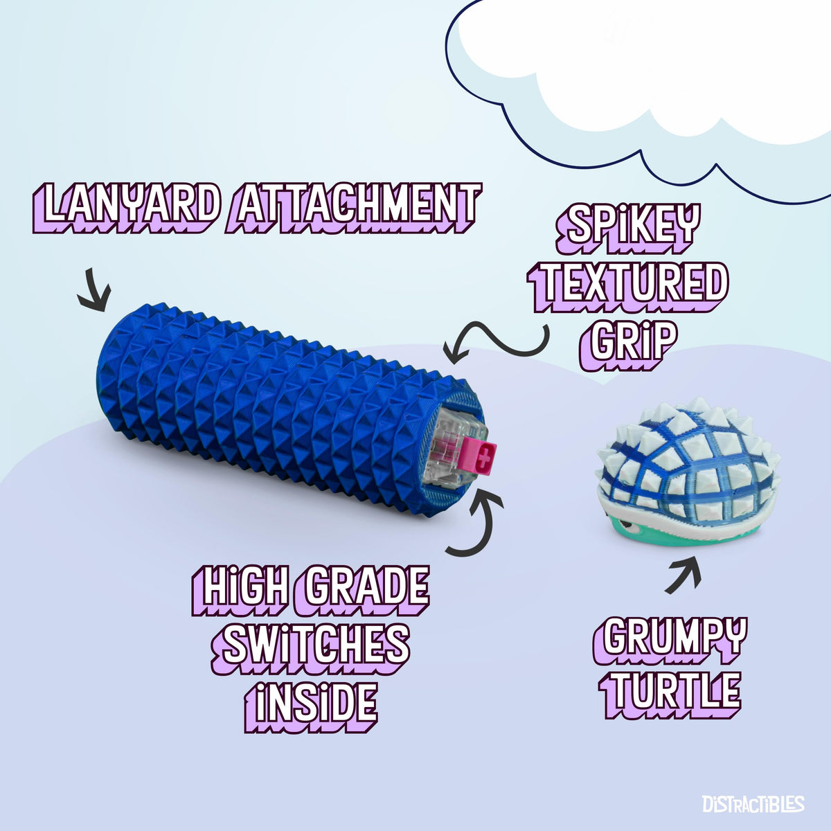 Distractibles Shelly – Sensory Fidget Clicker for Focus & Calm (Neon BlueSteel)