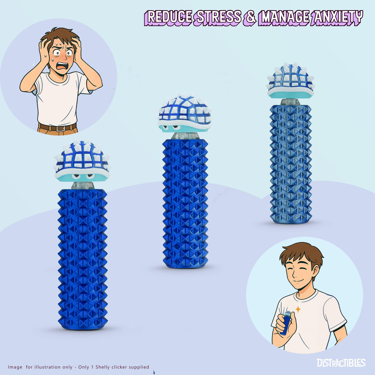 Distractibles Shelly – Sensory Fidget Clicker for Focus & Calm (Neon BlueSteel)