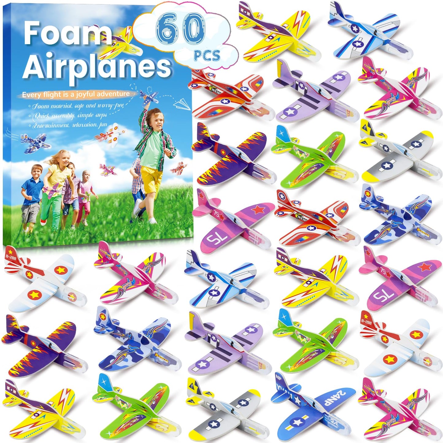 Diteryy 60 Pack Foam Airplanes for Kids – Easy Throwing Gliders, Colorful Party Favors