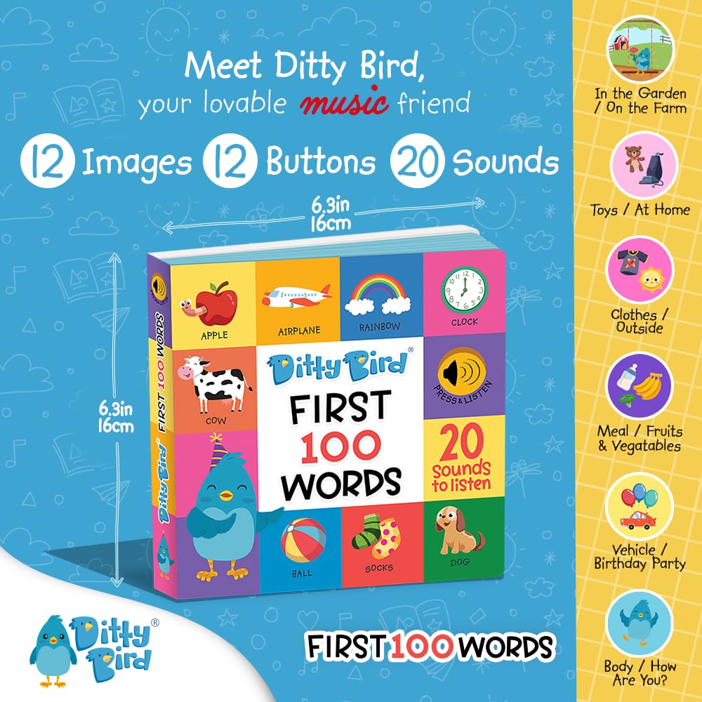 Ditty Bird Talking Books 100 Words | Interactive Toddler Books for Vocabulary & Speech Learning