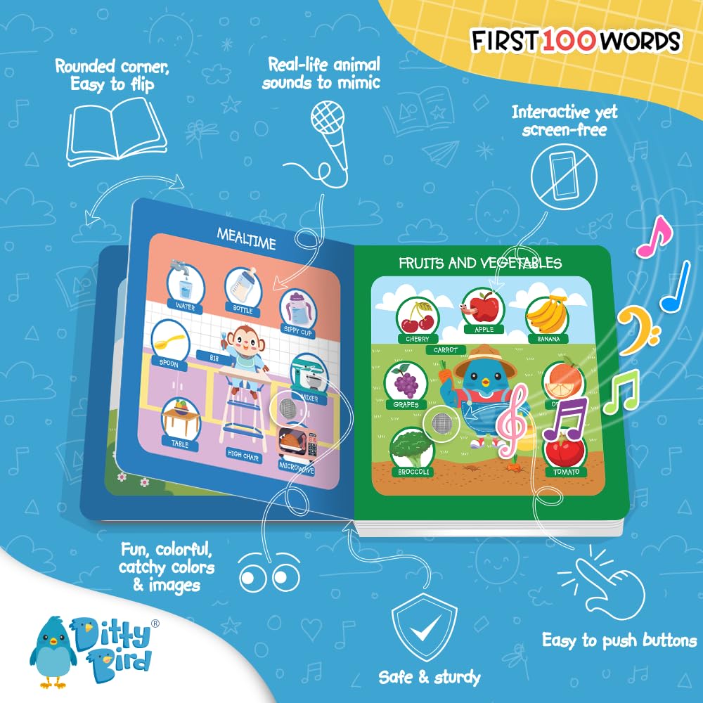 Ditty Bird Talking Books 100 Words | Interactive Toddler Books for Vocabulary & Speech Learning