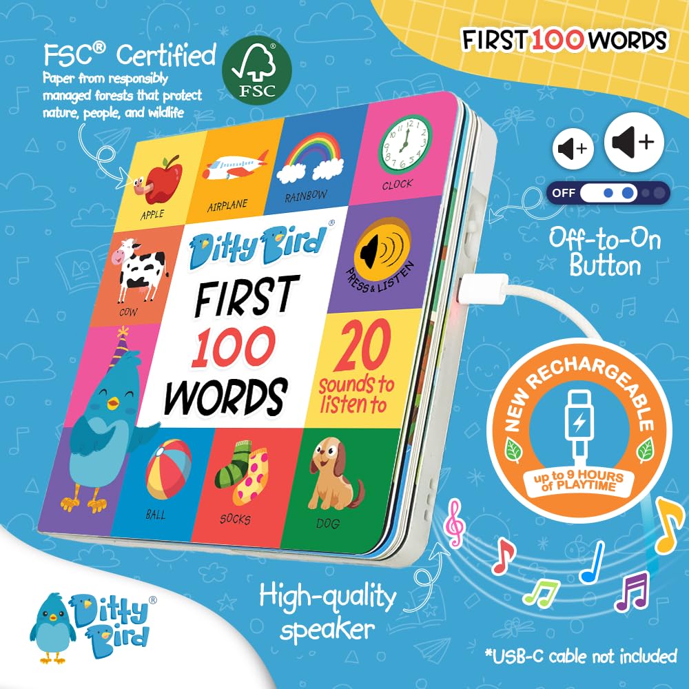 Ditty Bird Talking Books 100 Words | Interactive Toddler Books for Vocabulary & Speech Learning