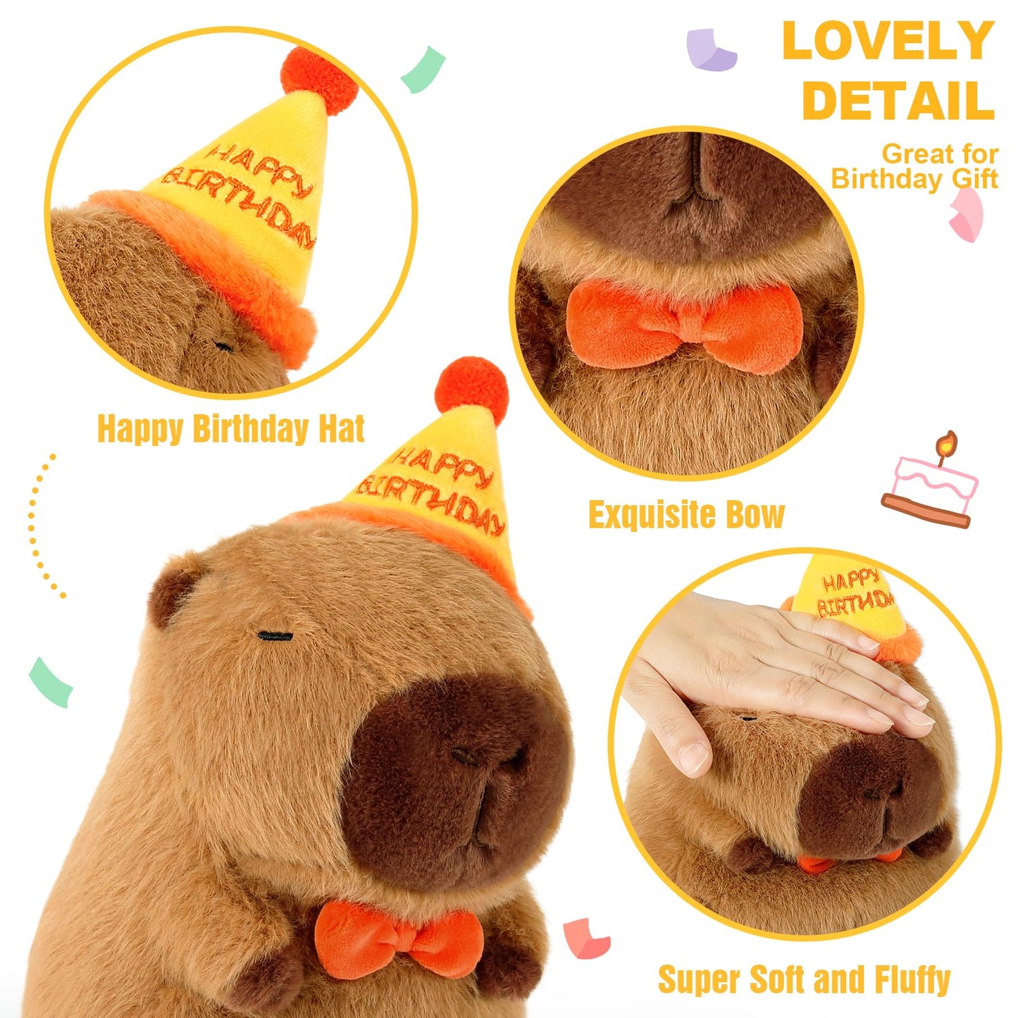 Ditucu Cute Capybara Plush with Happy Birthday Hat – 9-Inch Soft Capybara Plush Toy for Gifts and Party Decor