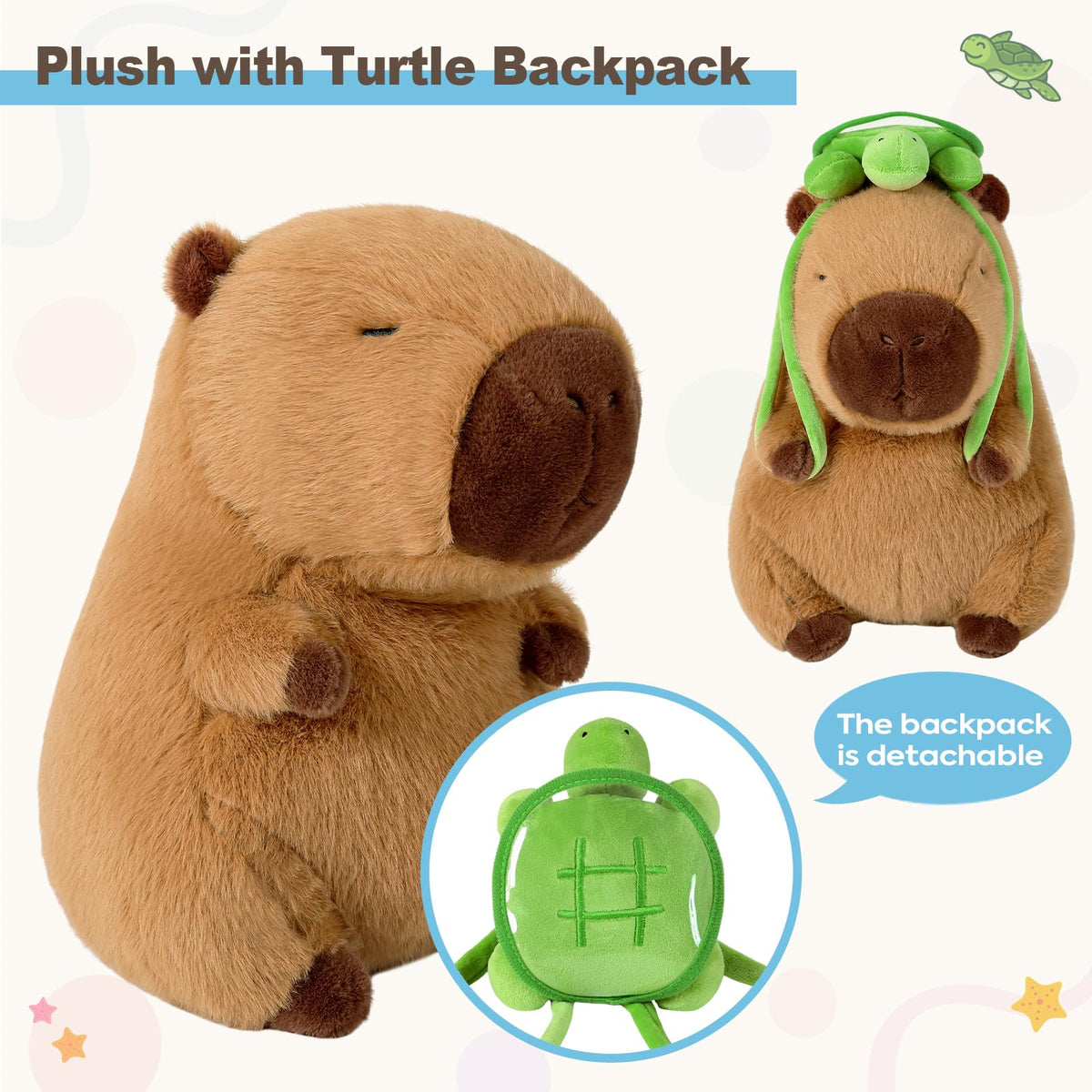 Ditucu Cute Capybara Plush with Turtle Backpack – 9 Inch Brown