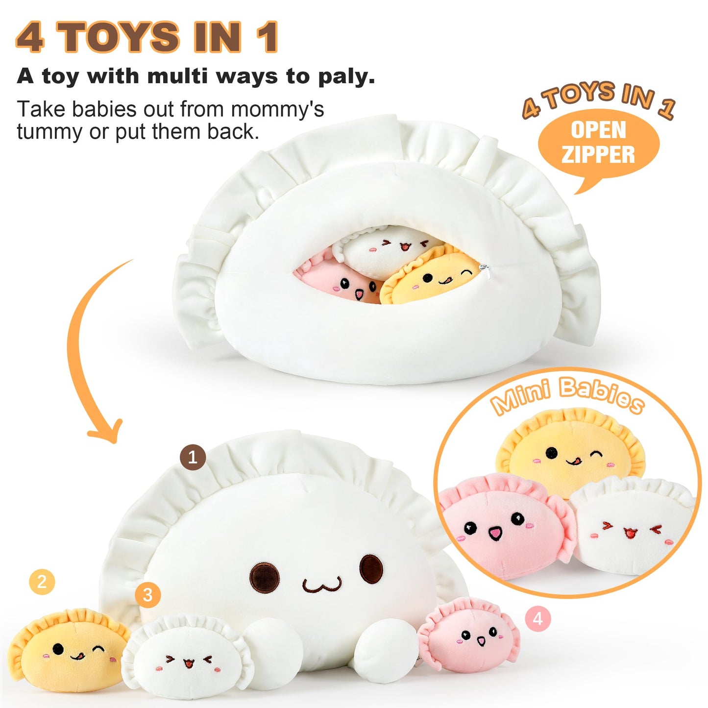 Ditucu Cute Dumpling Plush Pillow Mommy 14in with 3 Littles 4in – Family Food Shaped Plushies