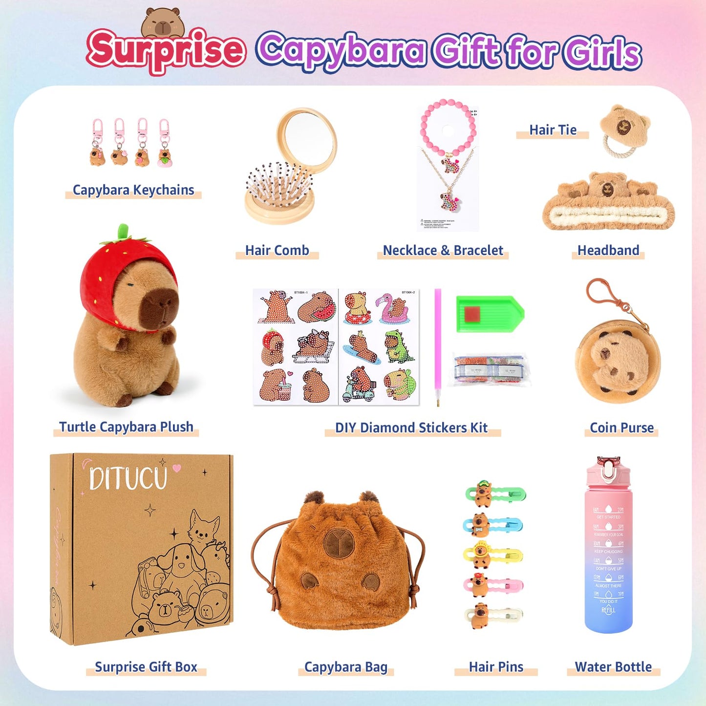 Ditucu Strawberry Capybara Plush Gift Set for Girls 4-10 | 12-Piece Deluxe Toy Kit