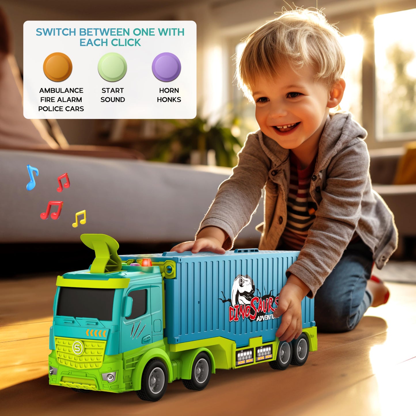 Diuerma Carrier Truck Race Track – Foldable 3-Layer Dino Toy Carrier with 8 Die-Cast Cars (Ages 3–6)