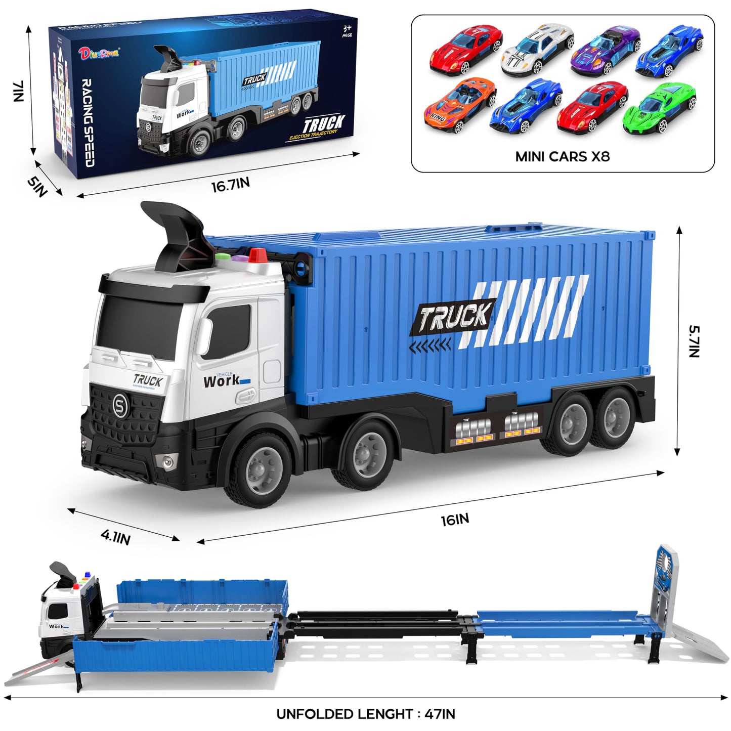 Diuerma Carrier Truck Race Track – Foldable 3-Layer Toy Carrier with 8 Race Cars