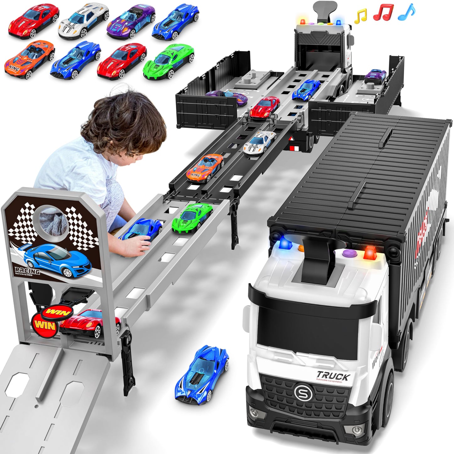 Diuerma Carrier Truck Race Track – Foldable 3-Layer Playset with 8 Die-Cast Cars