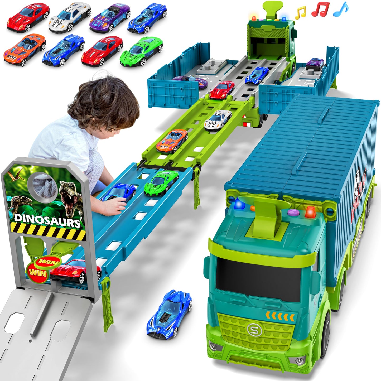 Diuerma Carrier Truck Race Track – Foldable 3-Layer Dino Toy Carrier with 8 Die-Cast Cars (Ages 3–6)