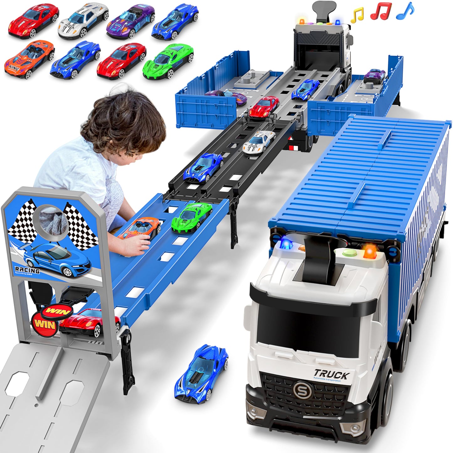 Diuerma Carrier Truck Race Track – Foldable 3-Layer Toy Carrier with 8 Race Cars