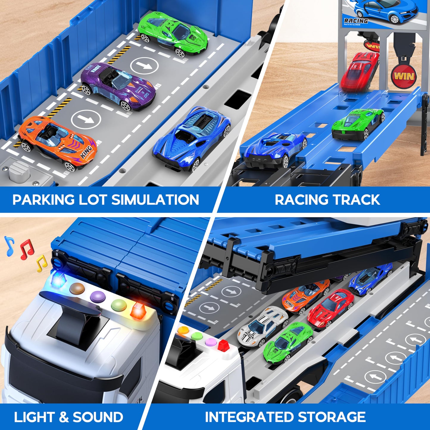 Diuerma Carrier Truck Race Track – Foldable 3-Layer Toy Carrier with 8 Race Cars