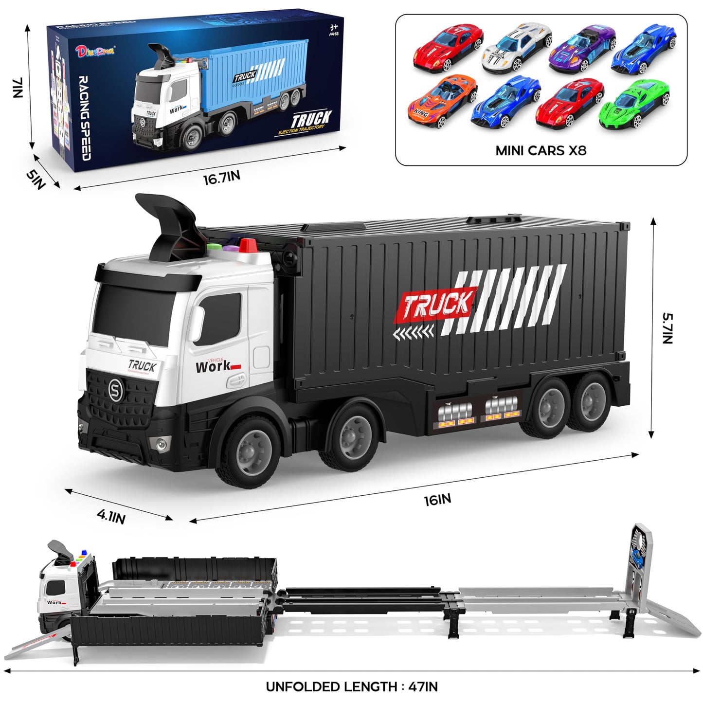 Diuerma Carrier Truck Race Track – Foldable 3-Layer Playset with 8 Die-Cast Cars