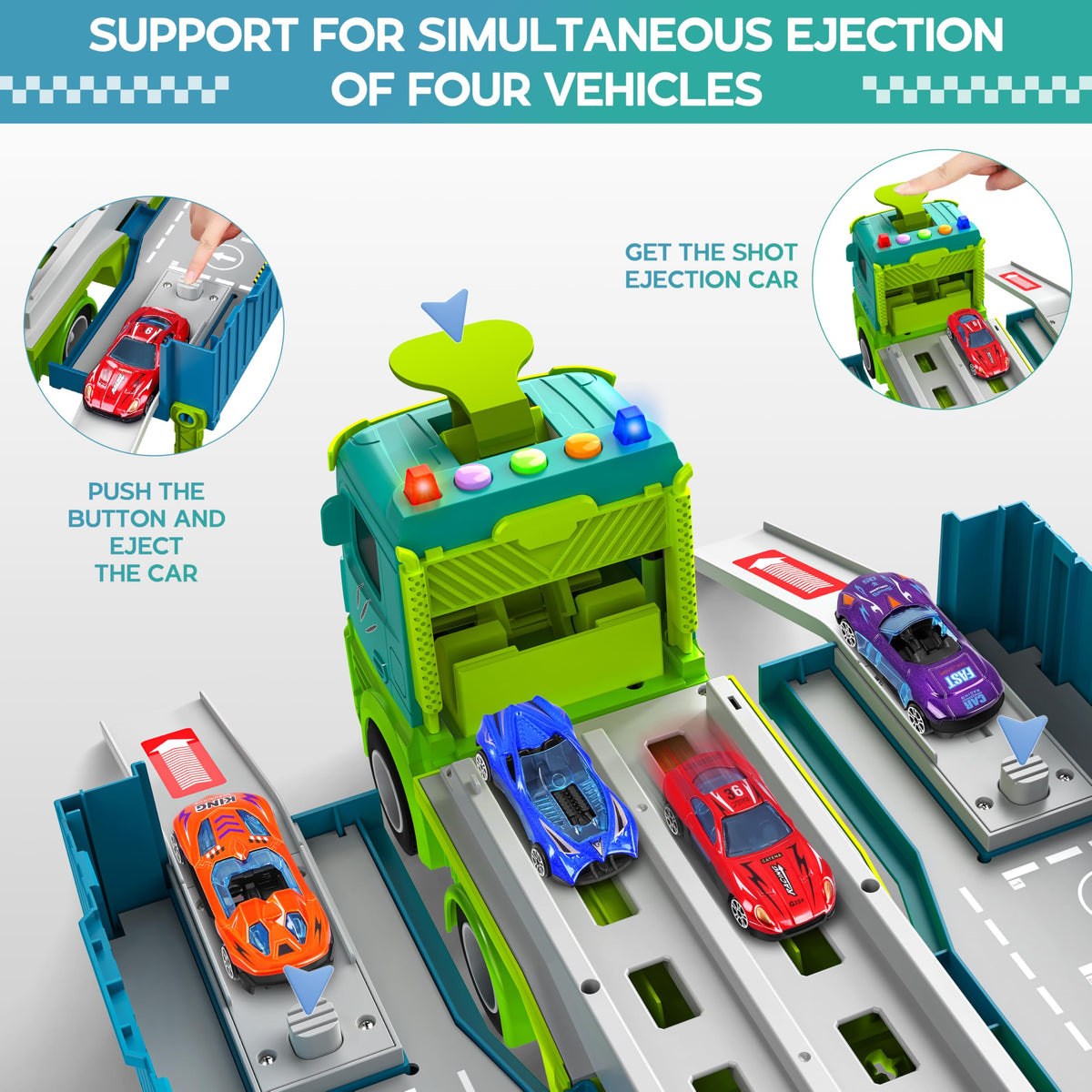 Diuerma Carrier Truck Race Track – Foldable 3-Layer Dino Toy Carrier with 8 Die-Cast Cars (Ages 3–6)