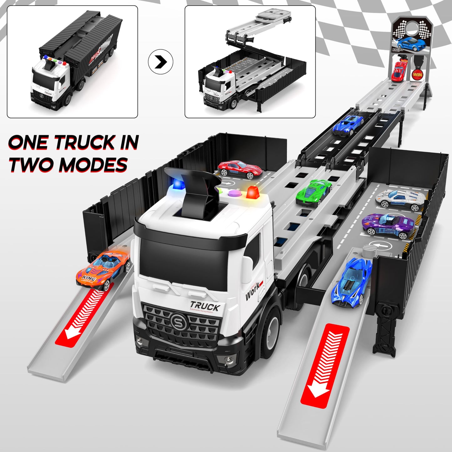 Diuerma Carrier Truck Race Track – Foldable 3-Layer Playset with 8 Die-Cast Cars