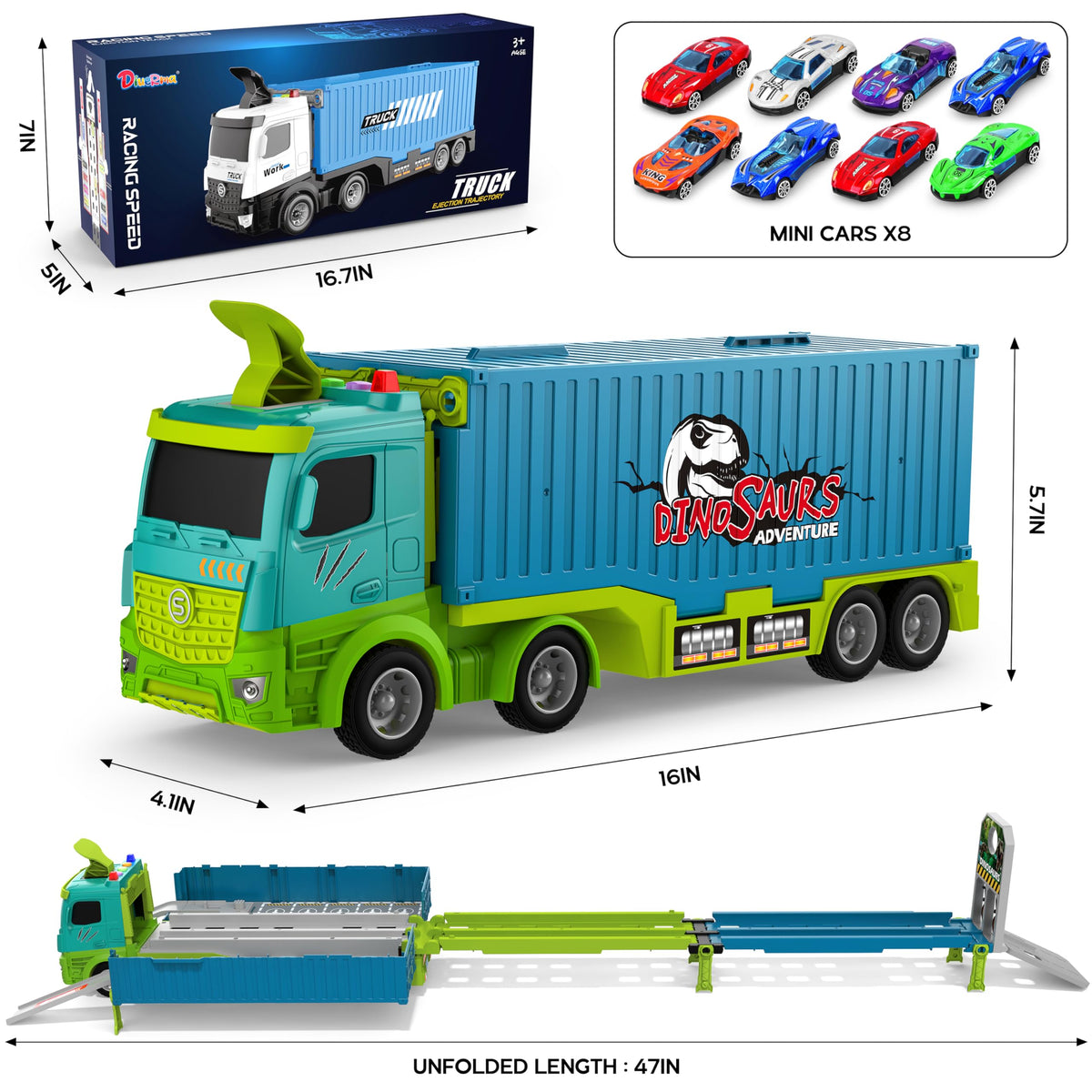 Diuerma Carrier Truck Race Track – Foldable 3-Layer Dino Toy Carrier with 8 Die-Cast Cars (Ages 3–6)