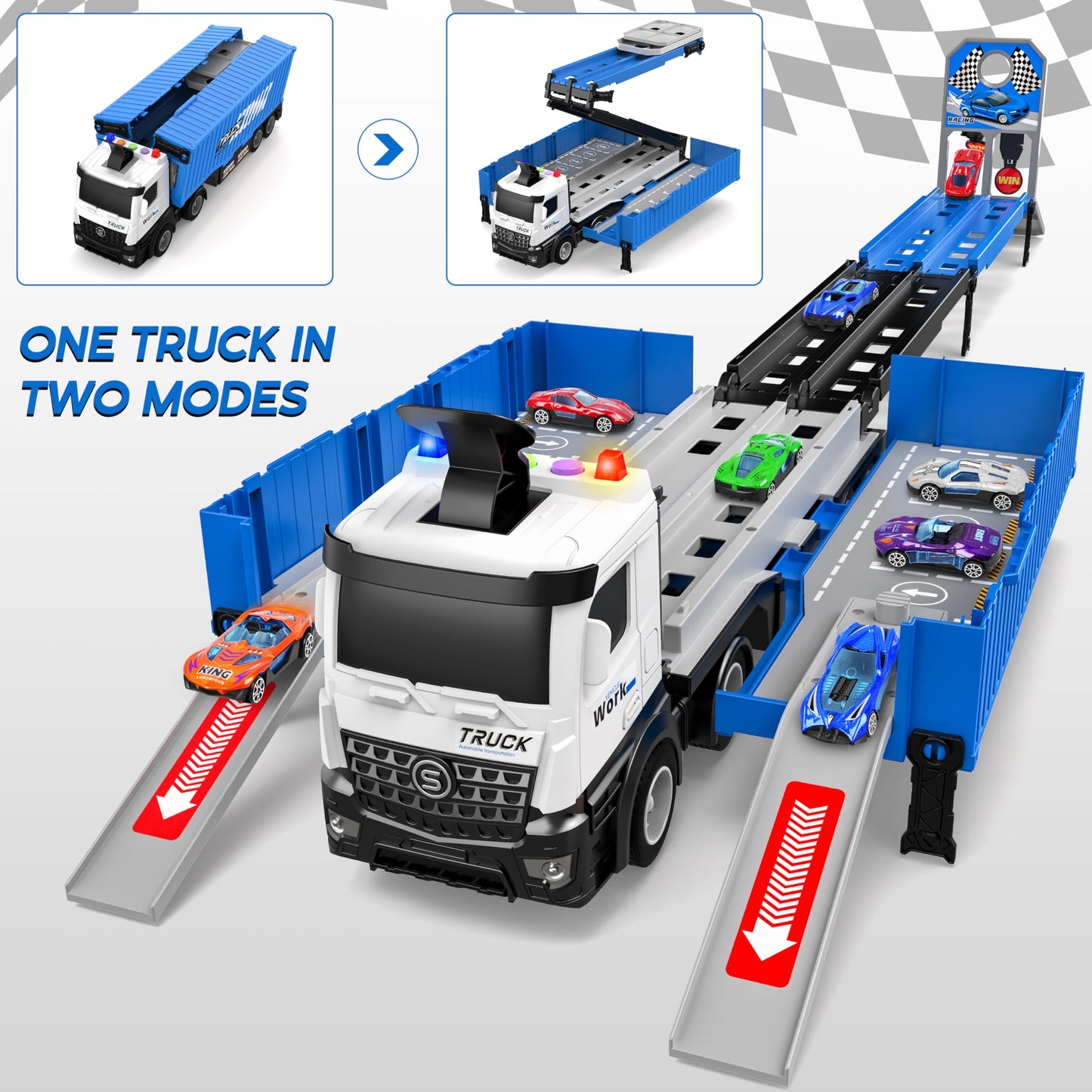 Diuerma Carrier Truck Race Track – Foldable 3-Layer Toy Carrier with 8 Race Cars