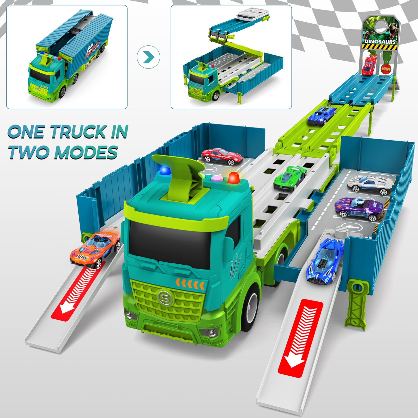 Diuerma Carrier Truck Race Track – Foldable 3-Layer Dino Toy Carrier with 8 Die-Cast Cars (Ages 3–6)