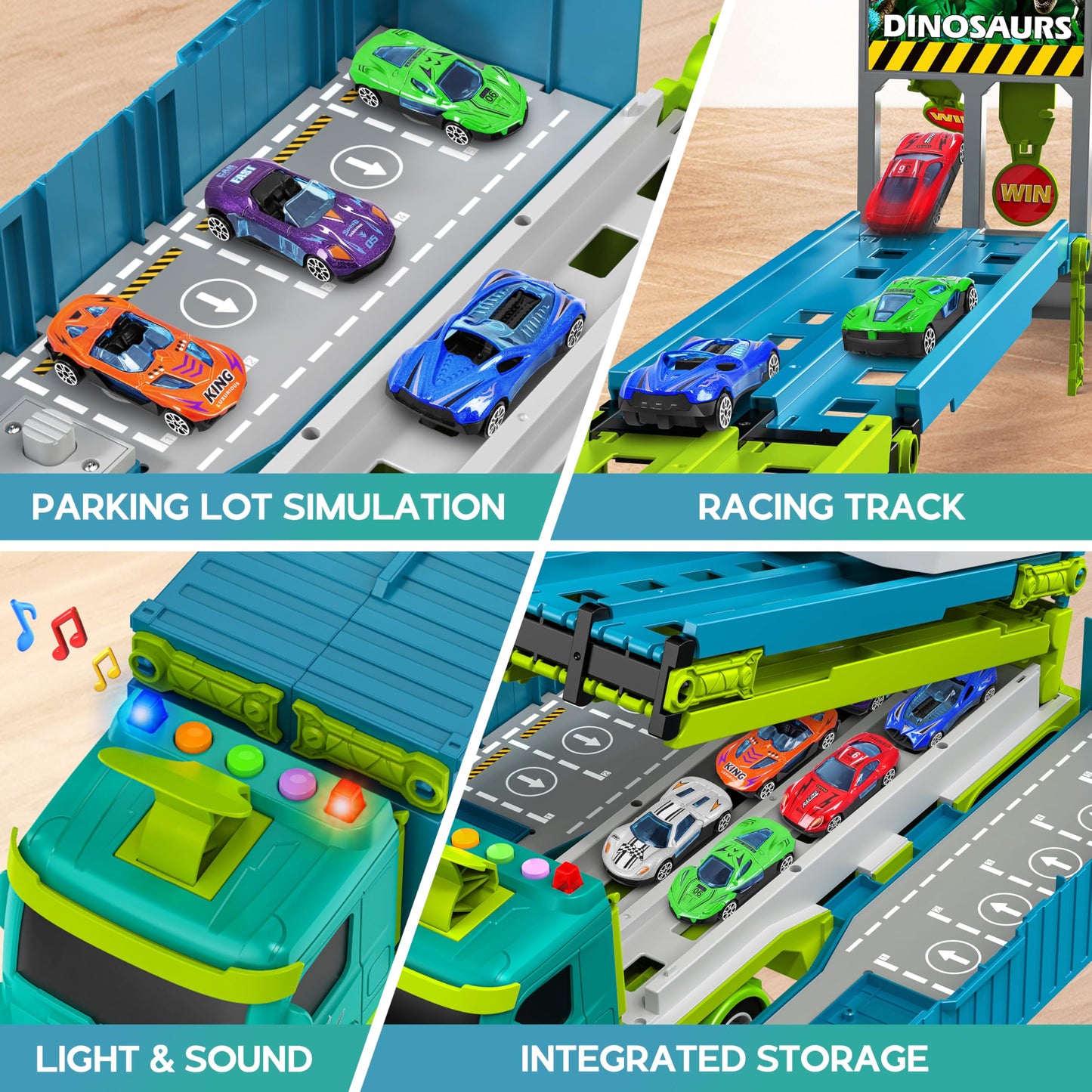 Diuerma Carrier Truck Race Track – Foldable 3-Layer Dino Toy Carrier with 8 Die-Cast Cars (Ages 3–6)
